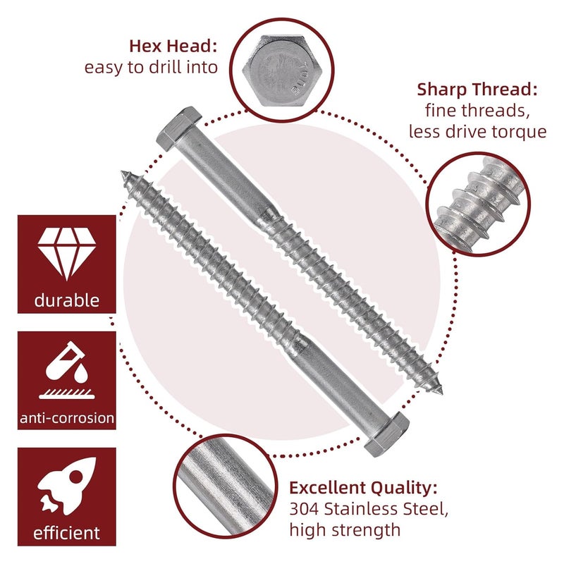 AiVeUao 50 Pack 304 Stainless Steel Wood Lag Screw, 3/8" x5" Hex Head Lag Bolts, Heavy Duty Hex Head Lag Screws, Wood Screws 18-8 - Image 3